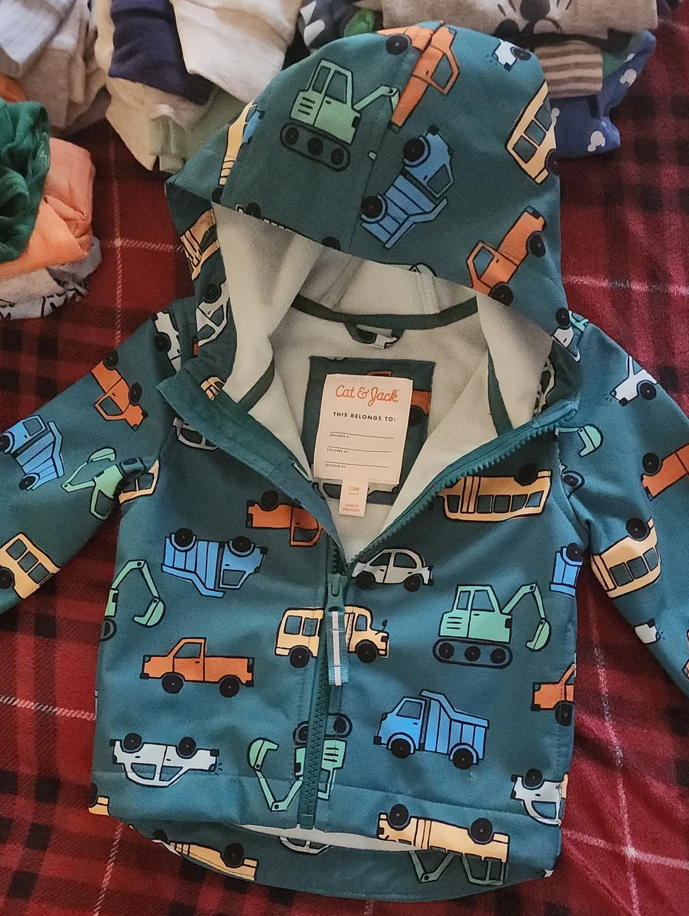 Cat & Jack Teal Hooded Jacket with Orange, Blue and Green Trucks